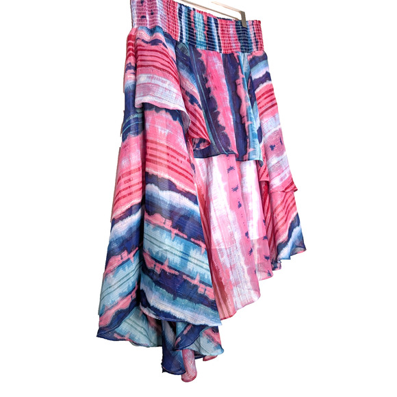 INC Womens Tie Dye Handkerchief Hem Smocked Chiffon Boho Fairy Sparkle Skirt L‎ - Picture 6 of 13